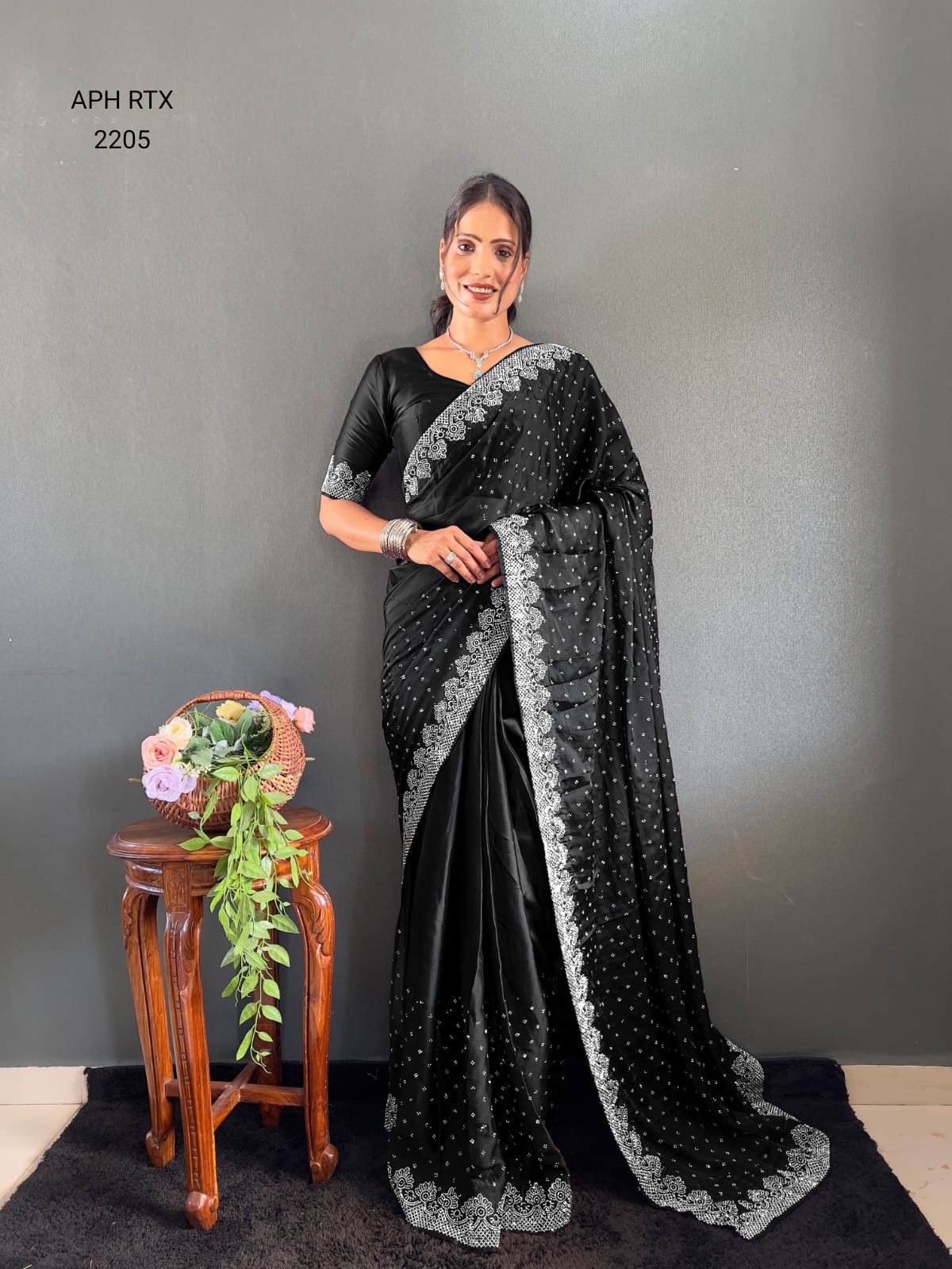 Navy Blue Premium Georgette Satin Saree with All-Over Sparkling Swarovski Diamond Moti Work